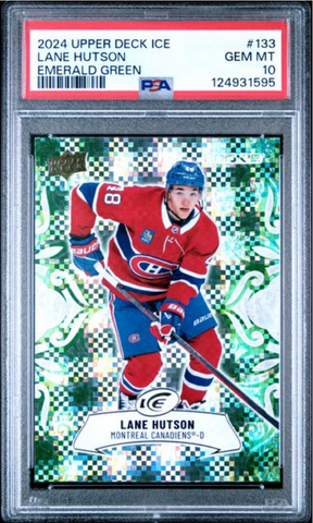 Graded 2024 Upper Deck Ice Lane Hutson #133 Emerald Green Rookie RC Hockey Card PSA 10 Gem Mint (ONLINE ORDER ONLY)
