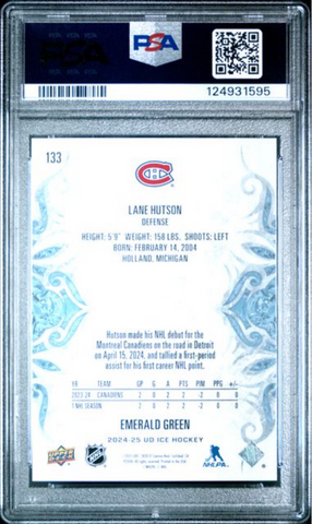 Graded 2024 Upper Deck Ice Lane Hutson #133 Emerald Green Rookie RC Hockey Card PSA 10 Gem Mint (ONLINE ORDER ONLY)