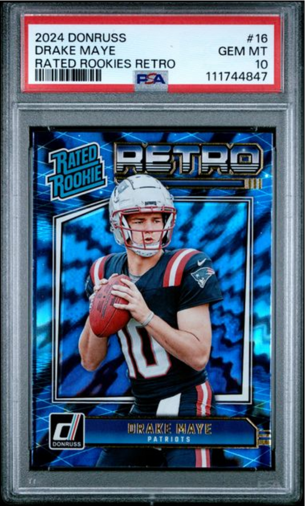 Graded 2024 Panini Donruss Drake Maye #16 Rated Rookies Retro Rookie RC Football Card PSA 10 Gem Mint (ONLINE ORDER ONLY)