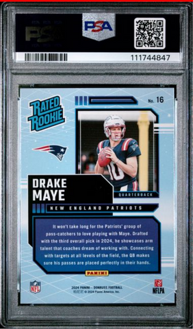 Graded 2024 Panini Donruss Drake Maye #16 Rated Rookies Retro Rookie RC Football Card PSA 10 Gem Mint (ONLINE ORDER ONLY)