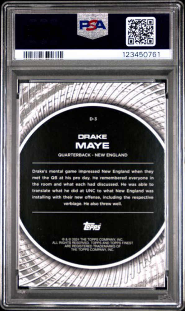 Graded 2024 Topps Finest Drake Maye #D3 Debut Rookie RC Football Card PSA 10 Gem Mint (ONLINE ORDER ONLY)