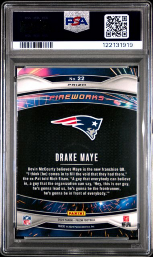 Graded 2024 Panini Prizm Drake Maye #22 Fireworks Green Prizm Rookie RC Football Card PSA 10 Gem Mint (ONLINE ORDER ONLY)