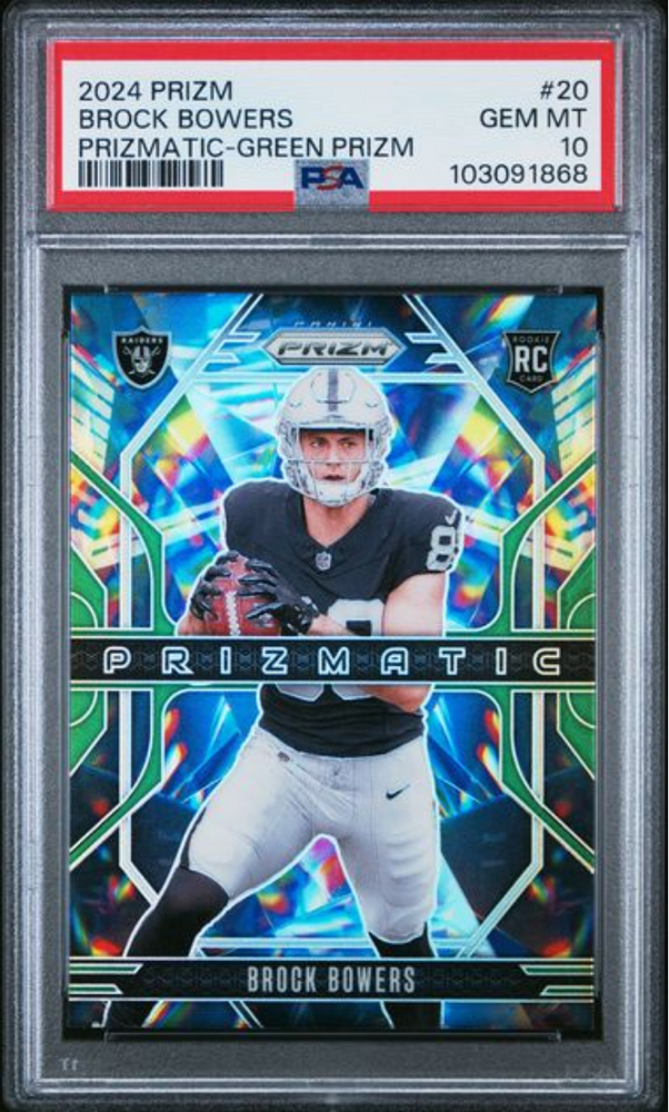 Graded 2024 Panini Prizm Brock Bowers #20 Prizmatic Green Prizm Rookie RC Football Card PSA 10 Gem Mint (ONLINE ORDER ONLY)