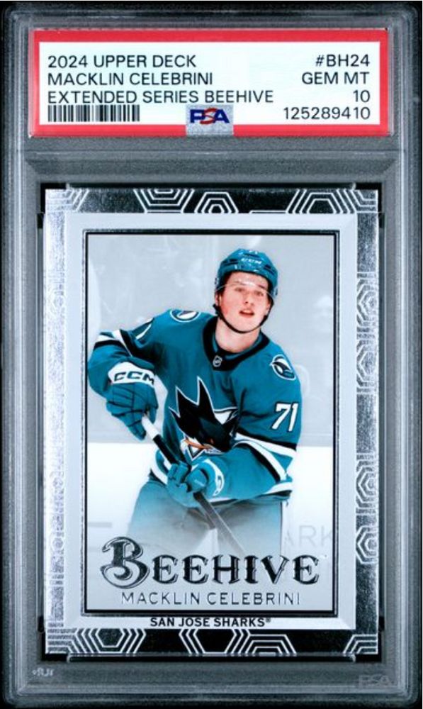 Graded 2024 Upper Deck Macklin Celebrini #BH24 Extended Series Beehive Rookie RC Hockey Card PSA 10 Gem Mint (ONLINE ORDER ONLY)