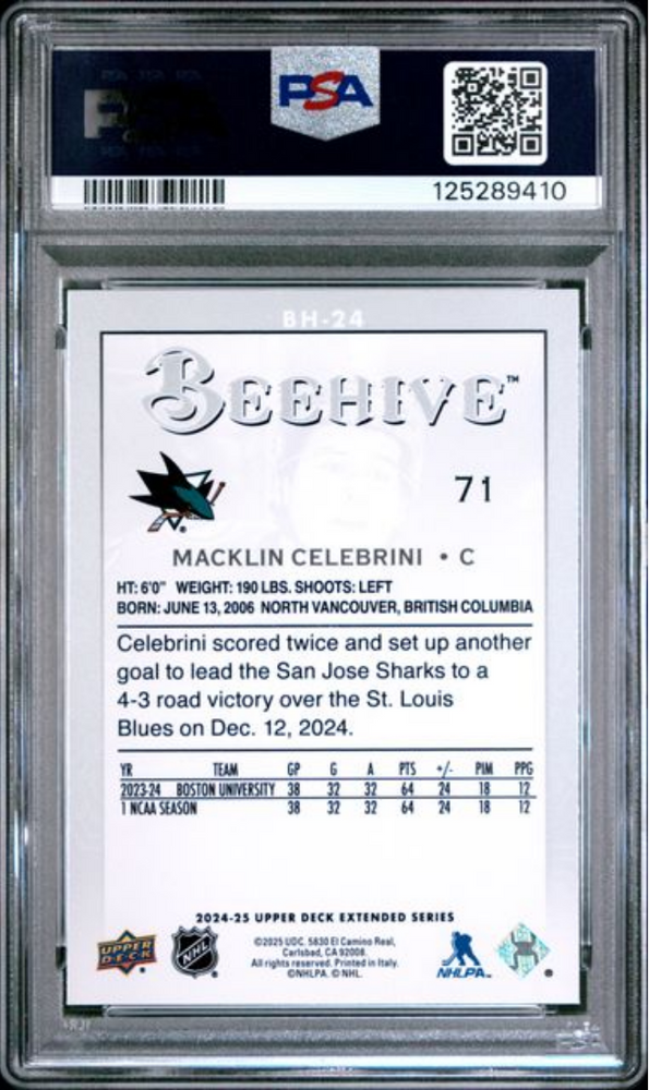 Graded 2024 Upper Deck Macklin Celebrini #BH24 Extended Series Beehive Rookie RC Hockey Card PSA 10 Gem Mint (ONLINE ORDER ONLY)
