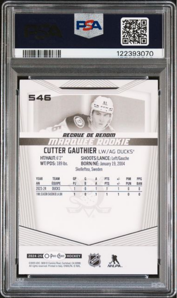Graded 2024 Upper Deck O-Pee-Chee Cutter Gauthier #546 Rookie RC Hockey Card PSA 10 Gem Mint (ONLINE ORDER ONLY)