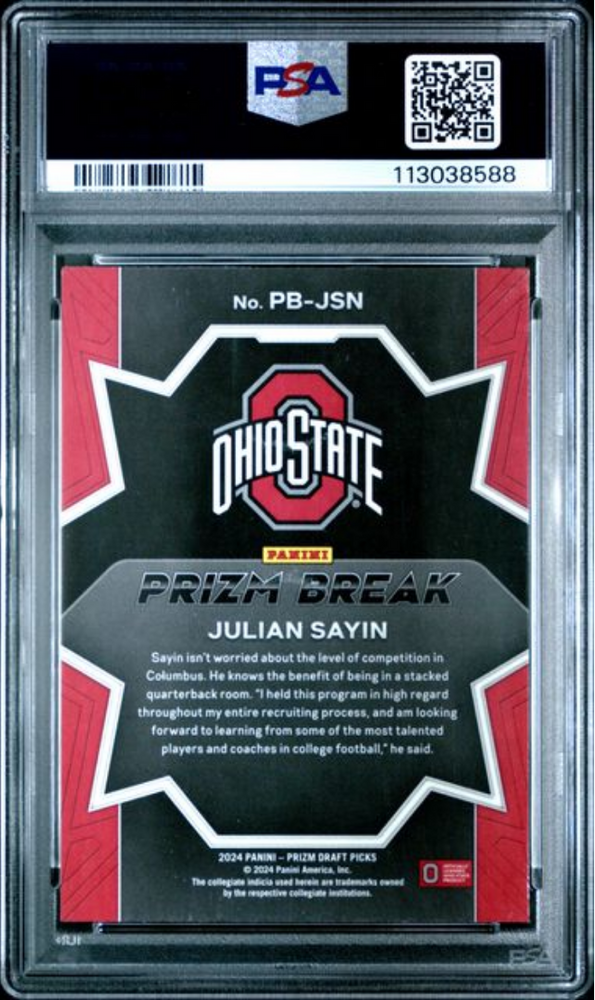 Graded 2024 Panini Prizm Draft Picks Julian Sayin #PBJSN Prizm Break Rookie RC Football Card PSA 10 Gem Mint (ONLINE ORDER ONLY)