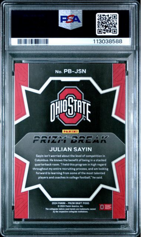 Graded 2024 Panini Prizm Draft Picks Julian Sayin #PBJSN Prizm Break Rookie RC Football Card PSA 10 Gem Mint (ONLINE ORDER ONLY)