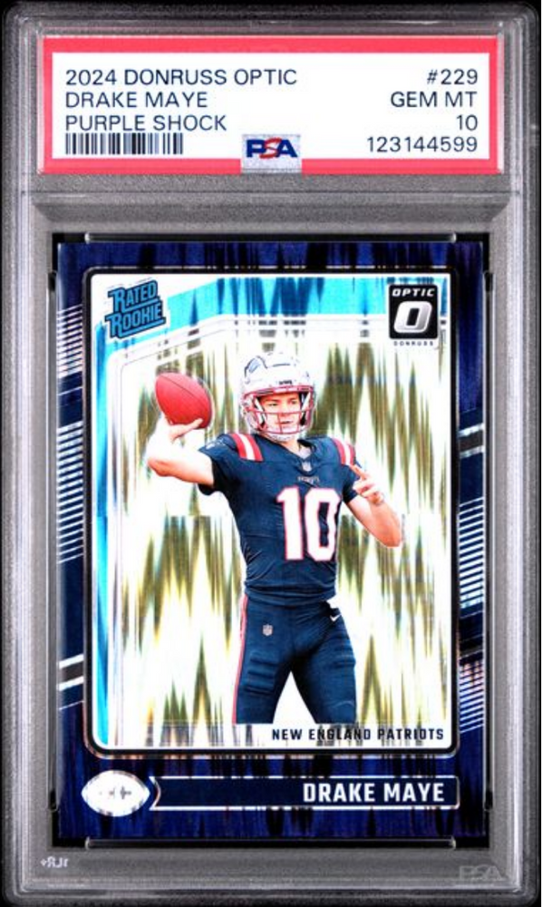 Graded 2024 Panini Donruss Optic Drake Maye #229 Purple Shock Rookie RC Football Card PSA 10 Gem Mint (ONLINE ORDER ONLY)