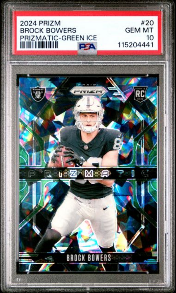 Graded 2024 Panini Prizm Brock Bowers #20 Prizmatic Green Ice Rookie RC Football Card PSA 10 Gem Mint (ONLINE ORDER ONLY)