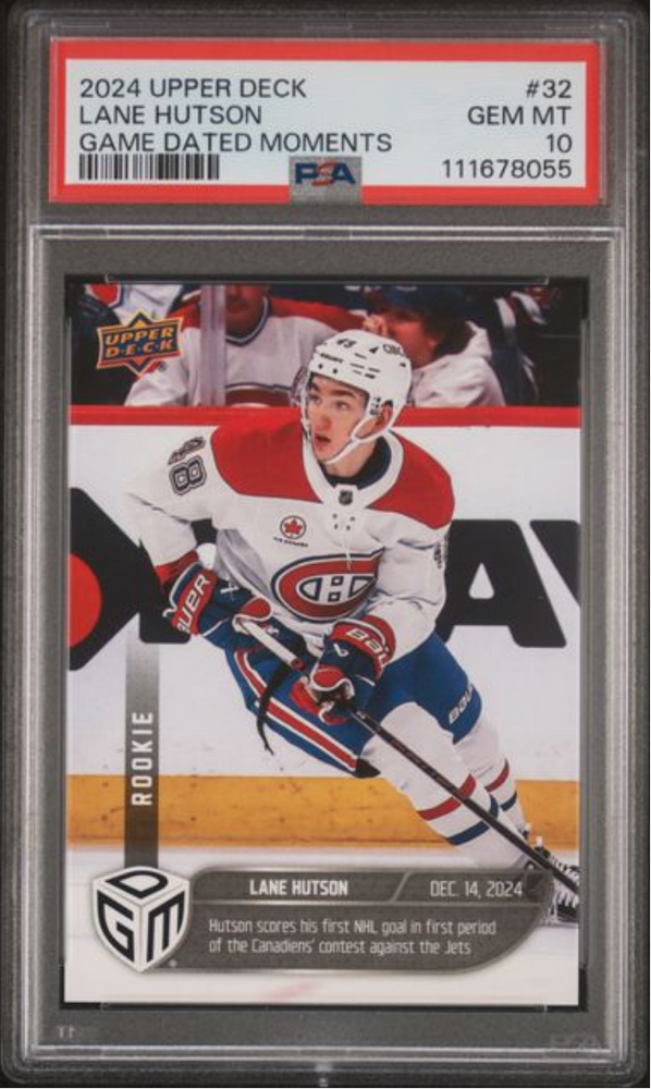 Graded 2024 Upper Deck Lane Hutson #32 Game Dated Moments /1199 Rookie RC Hockey Card PSA 10 Gem Mint (ONLINE ORDER ONLY)