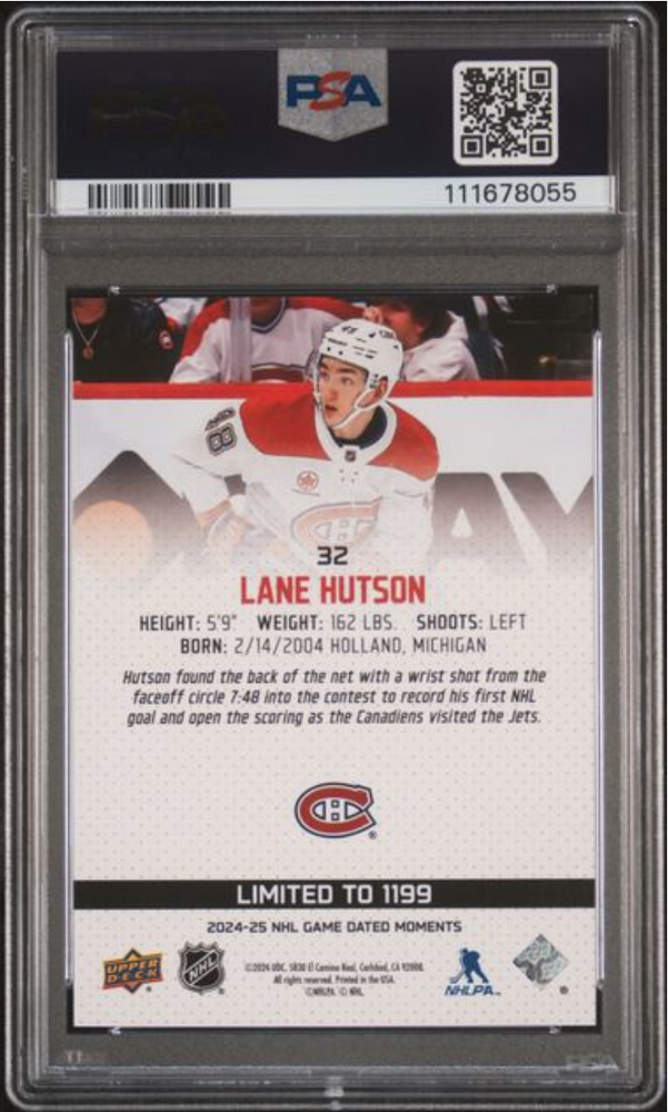Graded 2024 Upper Deck Lane Hutson #32 Game Dated Moments /1199 Rookie RC Hockey Card PSA 10 Gem Mint (ONLINE ORDER ONLY)