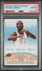 Graded 2010 Upper Deck North Carolina Michael Jordan #174 Basketball Card PSA 10 Gem Mint (ONLINE ORDER ONLY)
