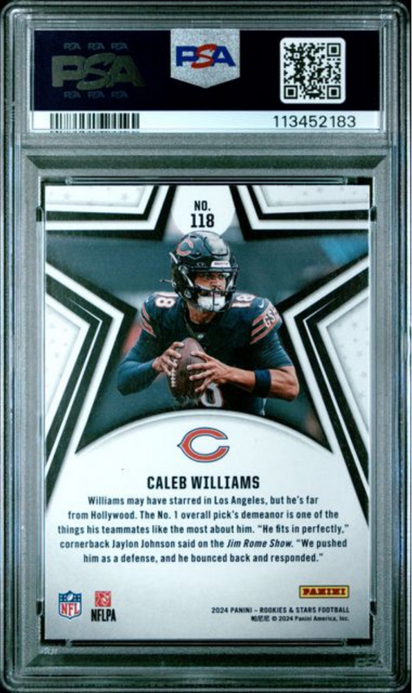 Graded 2024 Panini Rookies & Stars Caleb Williams #118 Rookie RC Football Card PSA 10 Gem Mint (ONLINE ORDER ONLY)