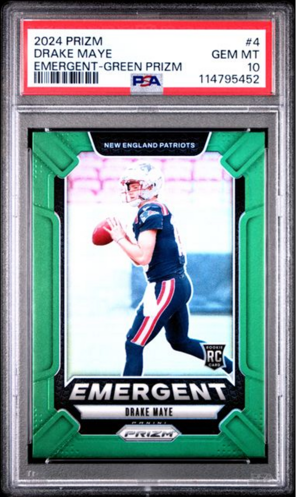 Graded 2024 Panini Prizm Drake Maye #4 Emergent Green Prizm Rookie RC Football Card PSA 10 Gem Mint (ONLINE ORDER ONLY)