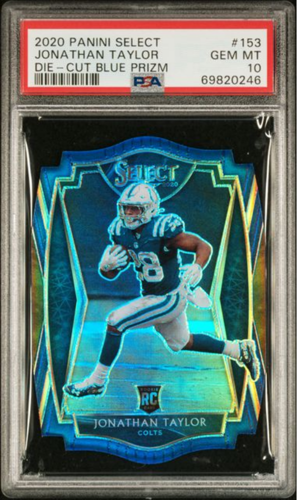 Graded 2020 Panini Select Jonathan Taylor #153 Die Cut Blue Prizm Rookie RC Football Card PSA 10 Gem Mint (ONLINE ORDER ONLY)