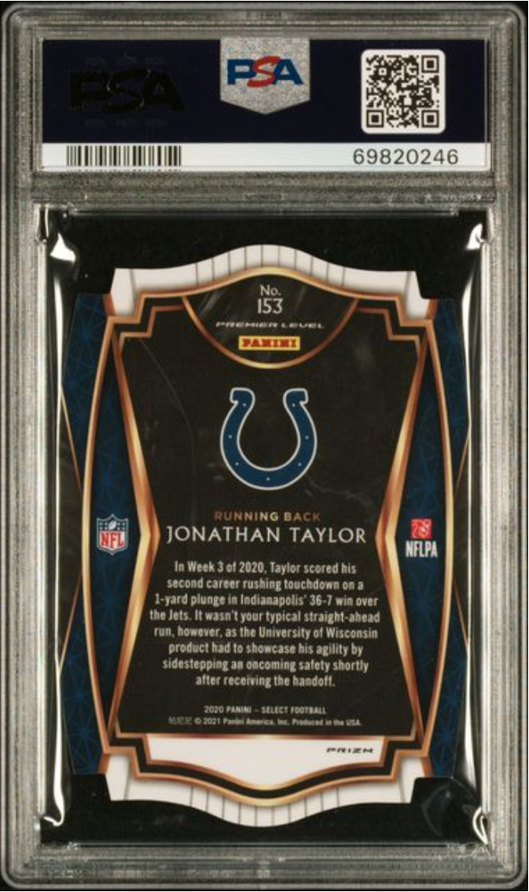 Graded 2020 Panini Select Jonathan Taylor #153 Die Cut Blue Prizm Rookie RC Football Card PSA 10 Gem Mint (ONLINE ORDER ONLY)