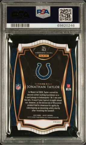 Graded 2020 Panini Select Jonathan Taylor #153 Die Cut Blue Prizm Rookie RC Football Card PSA 10 Gem Mint (ONLINE ORDER ONLY)