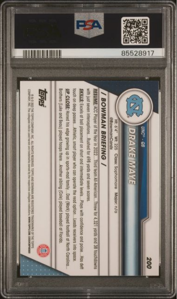 Graded 2023 Topps Bowman U Chrome Drake Maye #200 Shimmer Rookie RC Football Card PSA 10 Gem Mint (ONLINE ORDER ONLY)