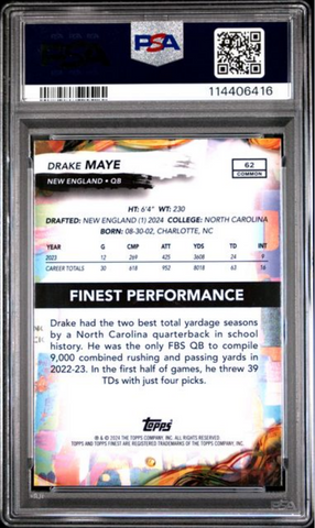 Graded 2024 Topps Finest Drake Maye #62 Rookie RC Football Card PSA 10 Gem Mint (ONLINE ORDER ONLY)