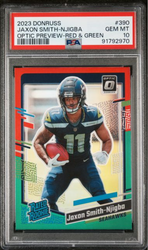 Graded 2023 Panini Prizm Jaxon Smith-Njigba #390 Optic Preview Red & Green Rookie RC Football Card PSA 10 Gem Mint (ONLINE ORDER ONLY)