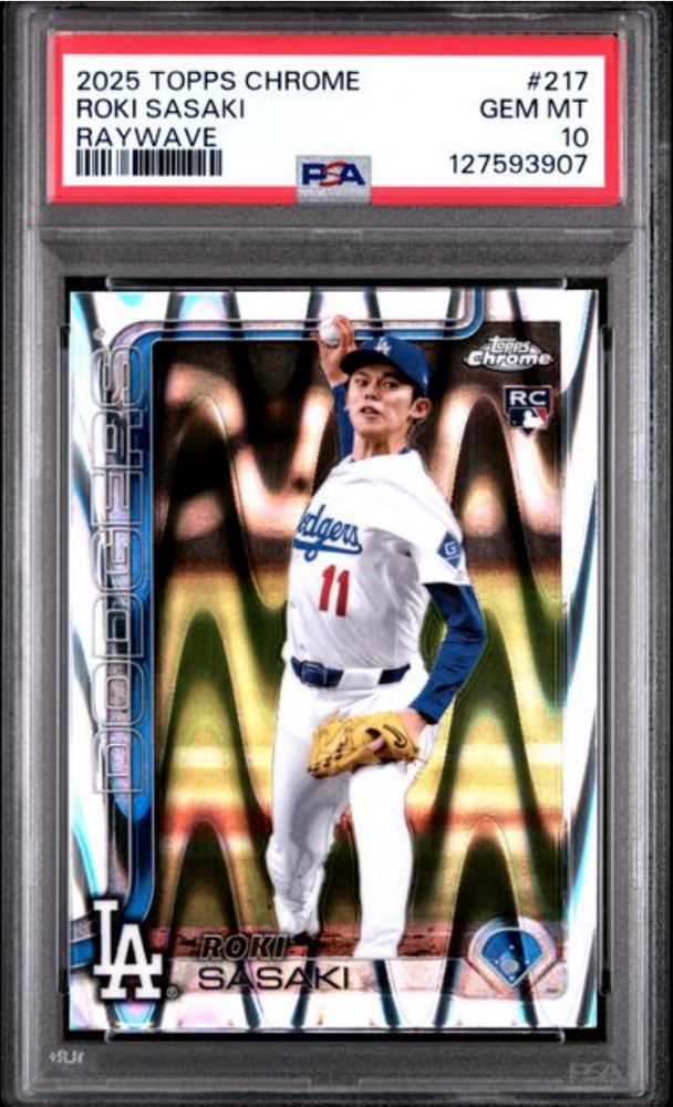 Graded 2025 Topps Chrome Roki Sasaki #217 Raywave Rookie RC Baseball Card PSA 10 Gem Mint (ONLINE ORDER ONLY)
