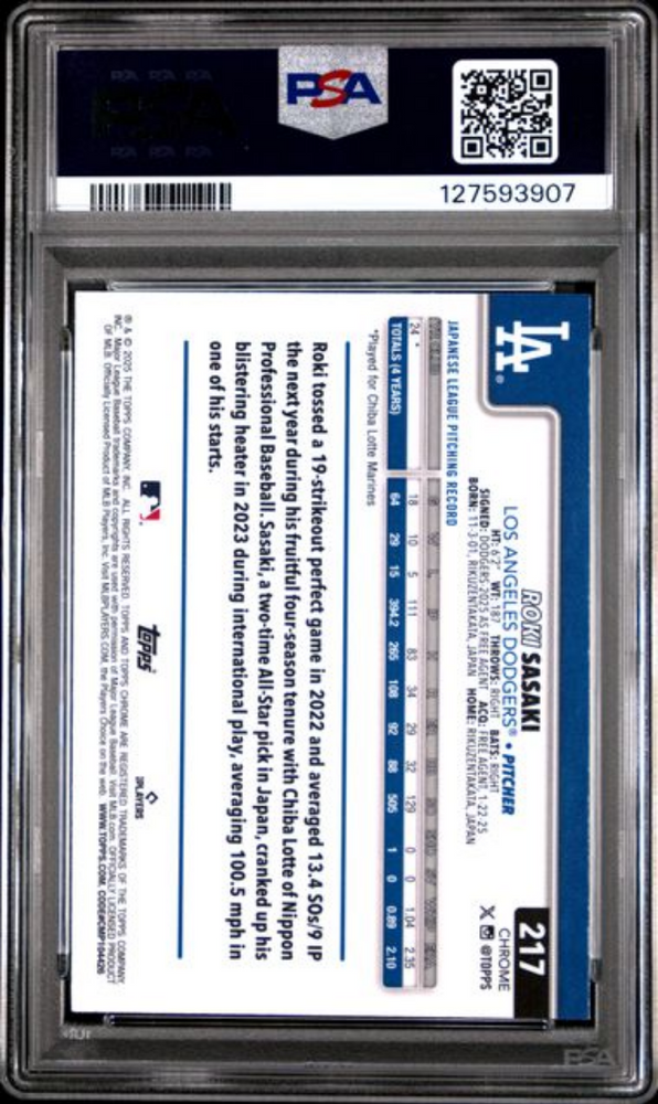 Graded 2025 Topps Chrome Roki Sasaki #217 Raywave Rookie RC Baseball Card PSA 10 Gem Mint (ONLINE ORDER ONLY)
