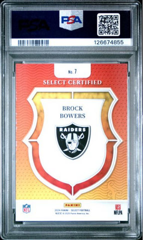 Graded 2024 Panini Select Brock Bowers #7 Select Certified Rookies Rookie RC Football Card PSA 10 Gem Mint (ONLINE ORDER ONLY)