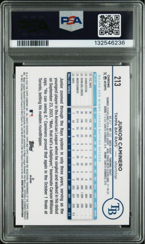 Graded 2024 Topps Chrome Junior Caminero #213 Raywave Rookie RC Baseball Card PSA 10 Gem Mint (ONLINE ORDER ONLY)