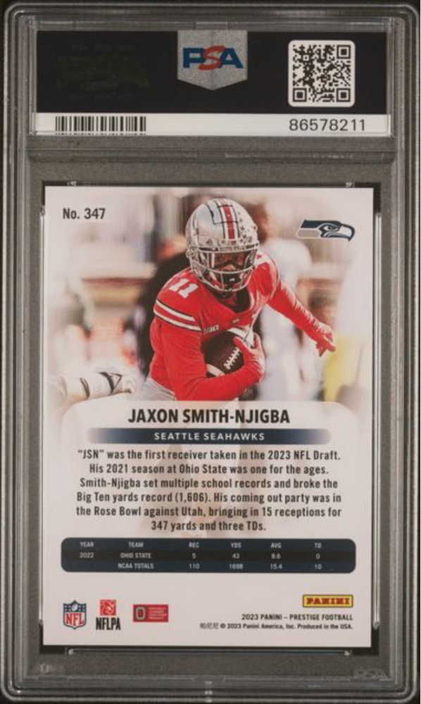 Graded 2023 Panini Prestige Jaxon Smith-Njigba #347 Rookie RC Football Card PSA 10 Gem Mint (ONLINE ORDER ONLY)