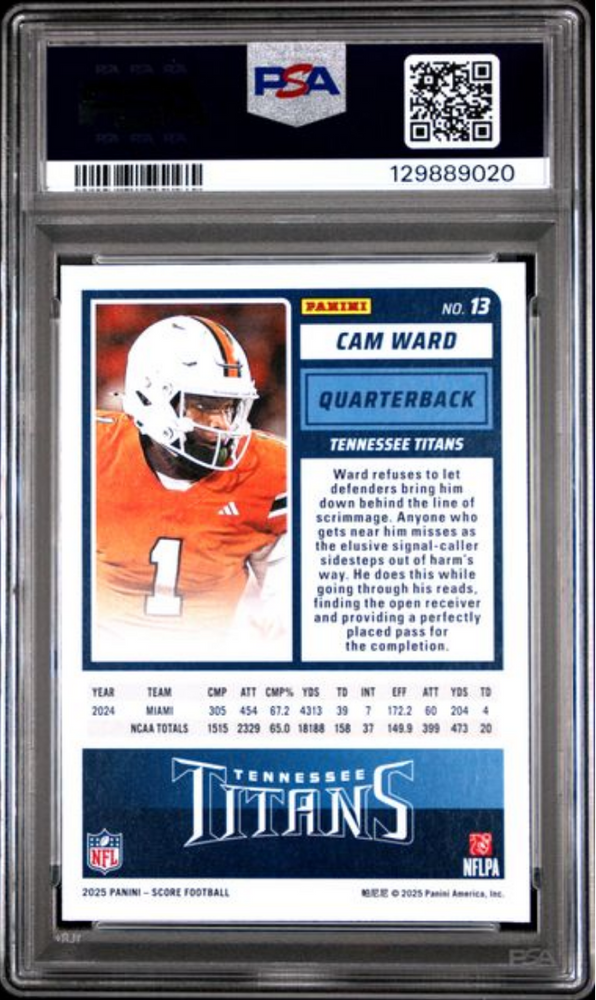 Graded 2025 Panini Score Cam Ward #13 Rookie RC Football Card PSA 10 Gem Mint (ONLINE ORDER ONLY)