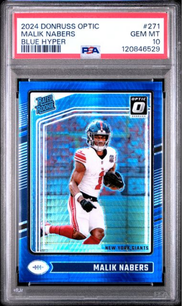 Graded 2024 Panini Donruss Optic Malik Nabers #271 Blue Hyper Rookie RC Football Card PSA 10 Gem Mint (ONLINE ORDER ONLY)