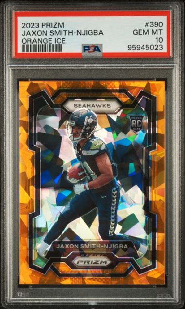 Graded 2023 Panini Prizm Jaxon Smith-Njigba #390 Orange Ice Rookie RC Football Card PSA 10 Gem Mint (ONLINE ORDER ONLY)