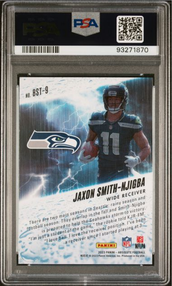 Graded 2023 Panini Absolute Jaxon Smith-Njigba #BST9 By Storm Rookie RC Football Card PSA 10 Gem Mint (ONLINE ORDER ONLY)