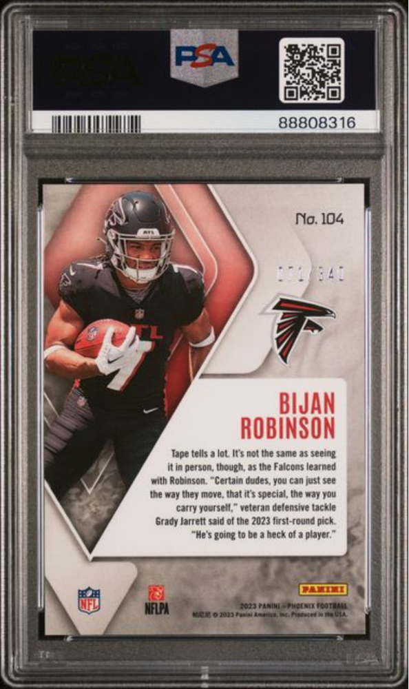 Graded 2023 Panini Phoenix Bijan Robinson #104 Fire Burst /340 Rookie RC Football Card PSA 10 Gem Mint (ONLINE ORDER ONLY)