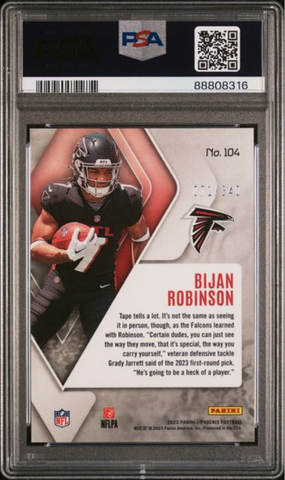 Graded 2023 Panini Phoenix Bijan Robinson #104 Fire Burst /340 Rookie RC Football Card PSA 10 Gem Mint (ONLINE ORDER ONLY)