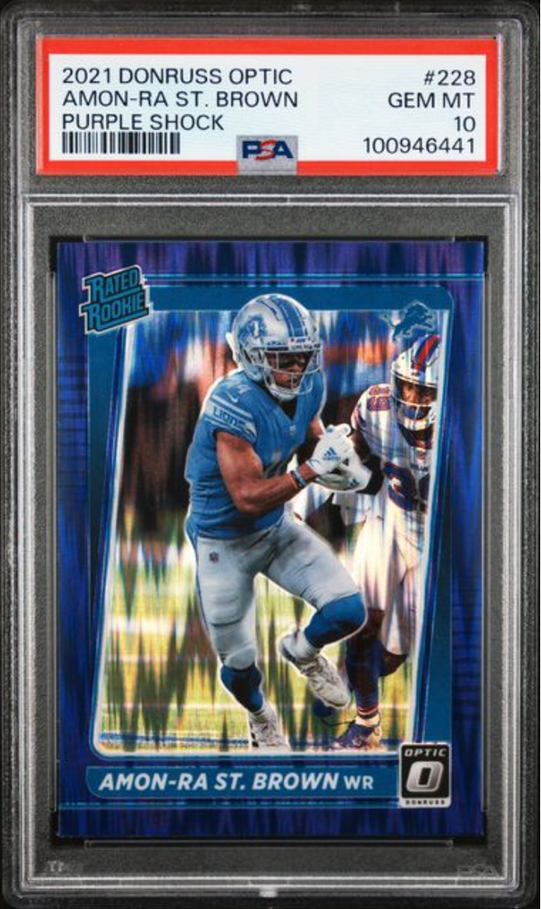 Graded 2021 Panini Donruss Optic Amon-Ra St. Brown #228 Purple Shock Rookie RC Football Card PSA 10 Gem Mint (ONLINE ORDER ONLY)