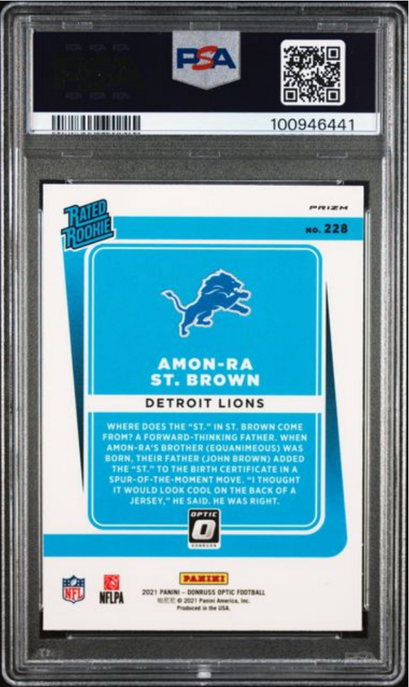 Graded 2021 Panini Donruss Optic Amon-Ra St. Brown #228 Purple Shock Rookie RC Football Card PSA 10 Gem Mint (ONLINE ORDER ONLY)