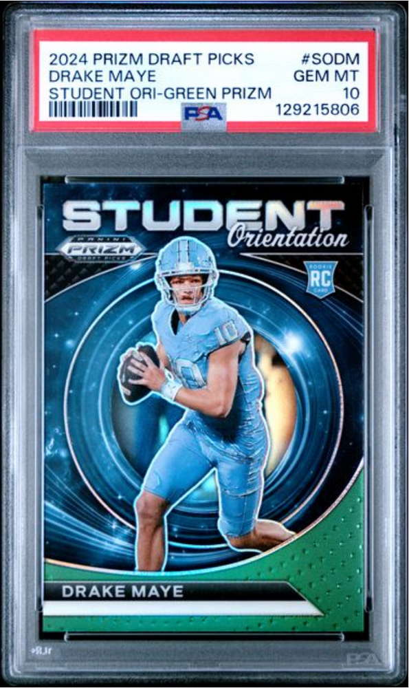 Graded 2024 Panini Prizm Draft Picks Drake Maye #SODM Student Orientation Green Prizm Rookie RC Football Card PSA 10 Gem Mint (ONLINE ORDER ONLY)