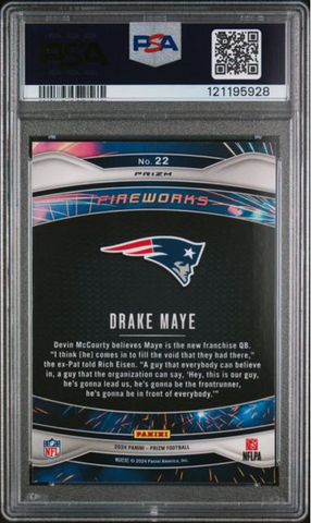 Graded 2024 Panini Prizm Drake Maye #22 Fireworks Green Wave Rookie RC Football Card PSA 10 Gem Mint (ONLINE ORDER ONLY)