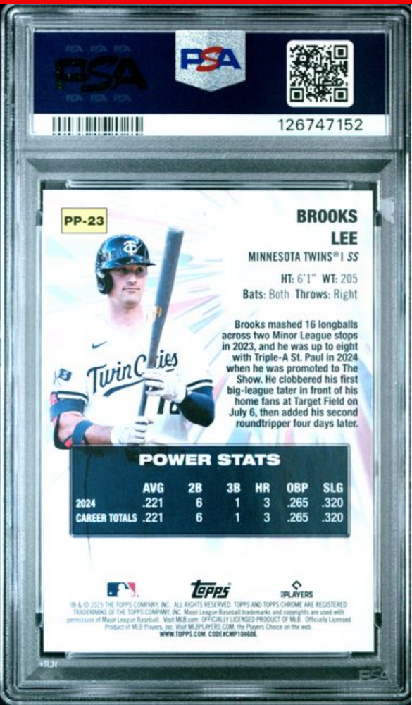 Graded 2025 Topps Chrome Brooks Lee #PP23 Power Players Rookie RC Baseball Card PSA 10 Gem Mint (ONLINE ORDER ONLY)
