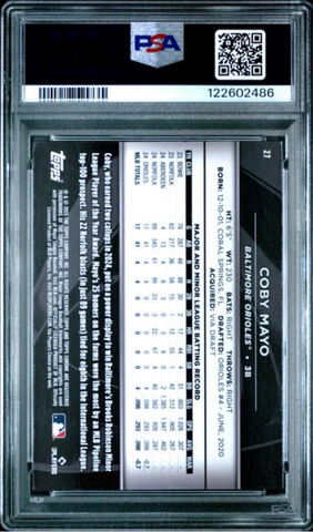 Graded 2025 Topps Chrome Black Coby Mayo #27 Rookie RC Baseball Card PSA 10 Gem Mint (ONLINE ORDER ONLY)