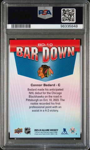 Graded 2023 Upper Deck Allure Connor Bedard #BD10 Bar Down Rookie RC Hockey Card PSA 10 Gem Mint (ONLINE ORDER ONLY)