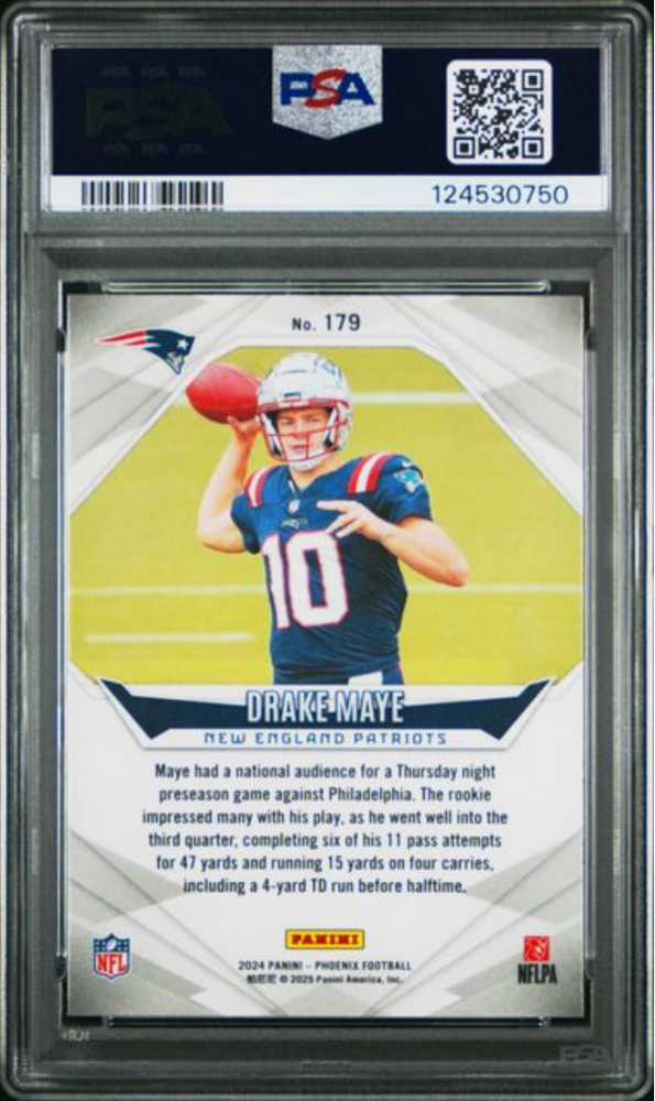 Graded 2024 Panini Phoenix Drake Maye #179 Lazer Rookie RC Football Card PSA 10 Gem Mint (ONLINE ORDER ONLY)