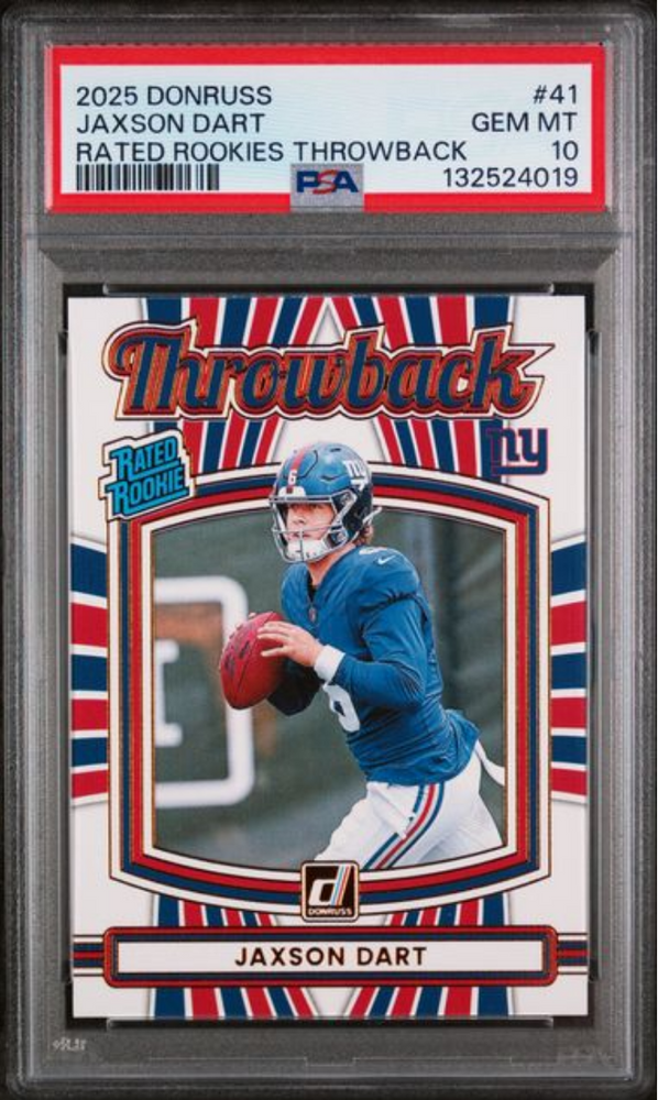 Graded 2025 Panini Donruss Jaxson Dart #41 Rated Rookies Throwback Rookie RC Football Card PSA 10 Gem Mint (ONLINE ORDER ONLY)