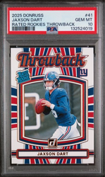 Graded 2025 Panini Donruss Jaxson Dart #41 Rated Rookies Throwback Rookie RC Football Card PSA 10 Gem Mint (ONLINE ORDER ONLY)