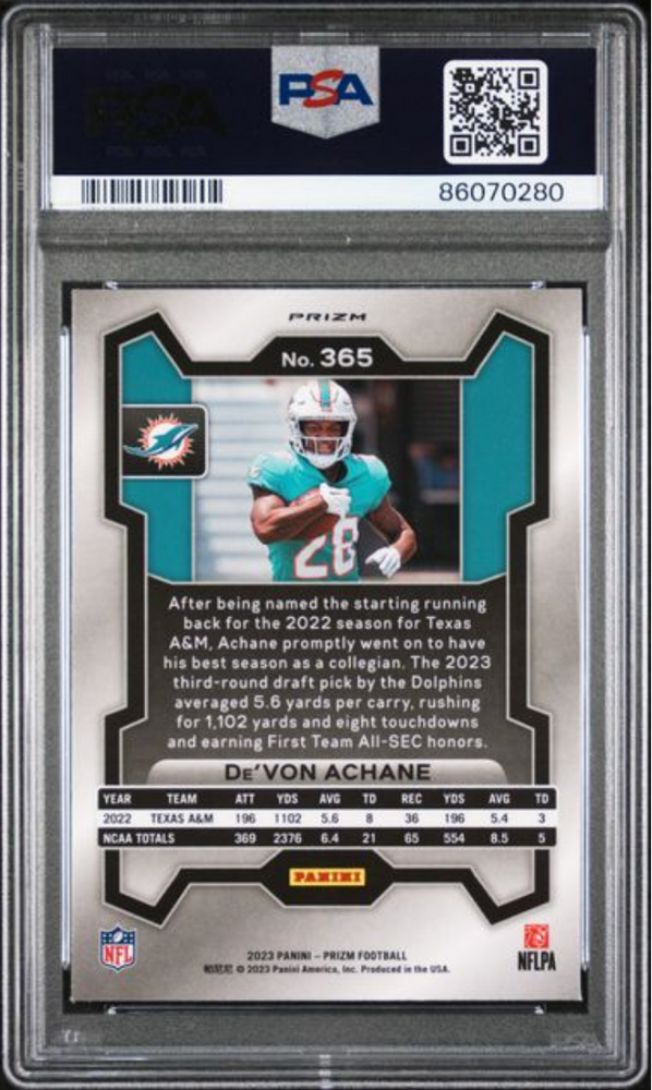 Graded 2023 Panini Prizm Devon Achane #365 Lazer Rookie RC Football Card PSA 10 Gem Mint (ONLINE ORDER ONLY)