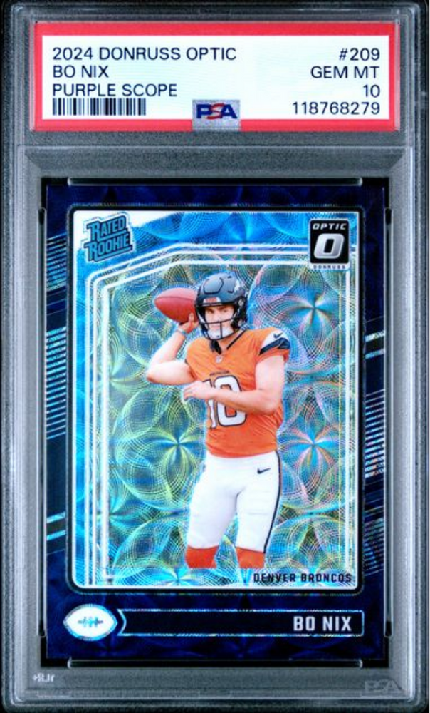 Graded 2024 Panini Donruss Optic Bo Nix #209 Purple Scope Rookie RC Football Card PSA 10 Gem Mint (ONLINE ORDER ONLY)