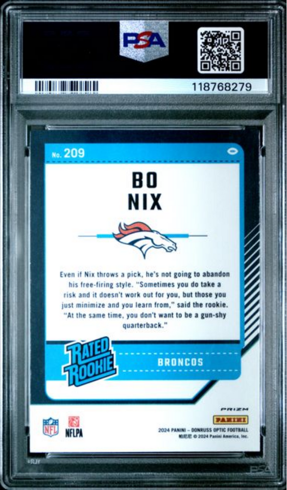 Graded 2024 Panini Donruss Optic Bo Nix #209 Purple Scope Rookie RC Football Card PSA 10 Gem Mint (ONLINE ORDER ONLY)