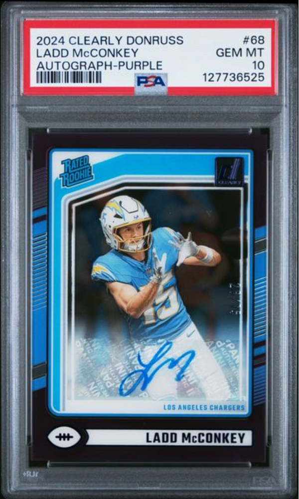 Graded 2024 Panini Clearly Donruss Ladd McConkey #68 Autograph Purple /75 Rookie RC Football Card PSA 10 Gem Mint (ONLINE ORDER ONLY)